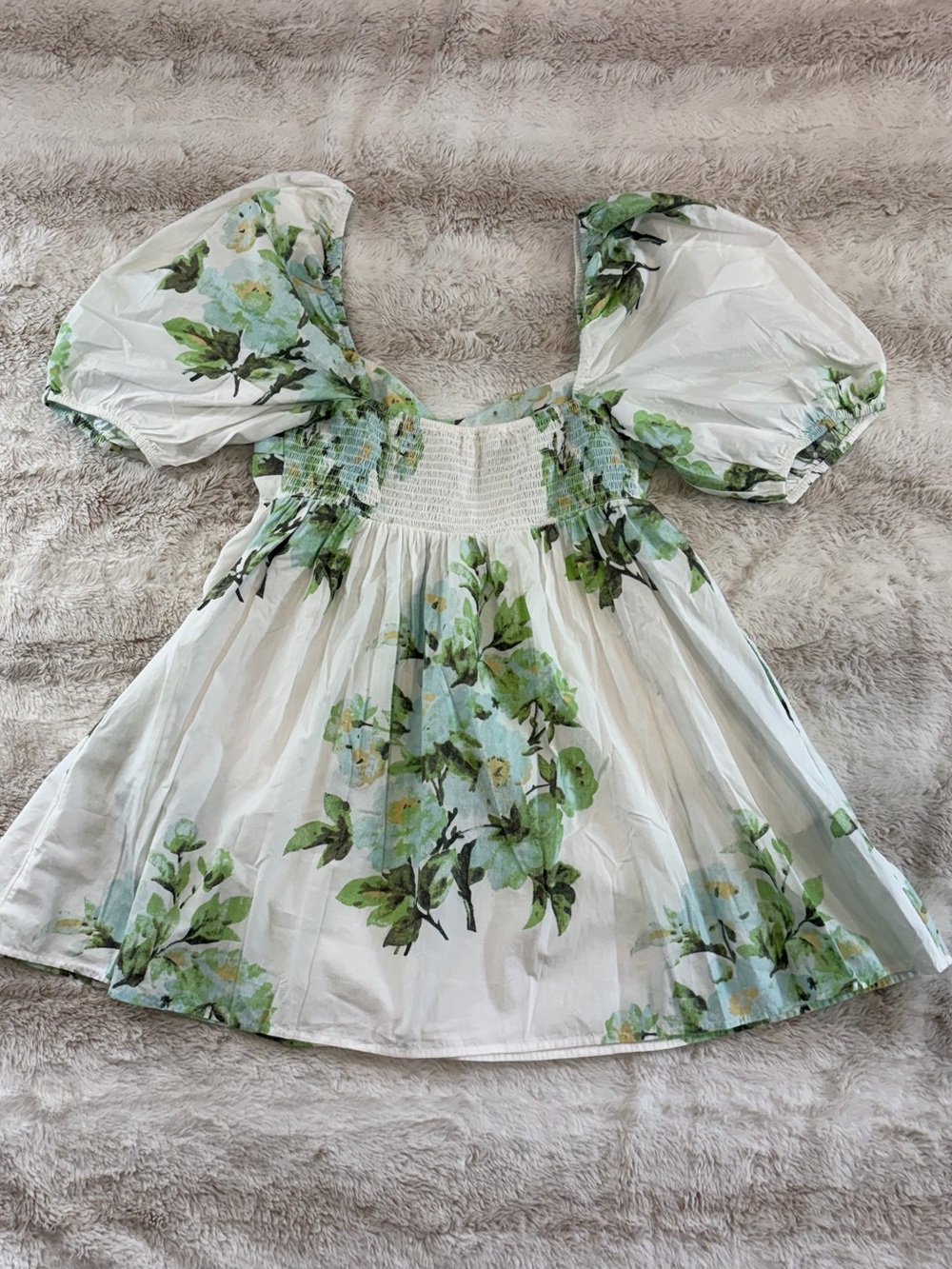 Free People White 100% cotton Floral Dress with pockets Green Blue large 12 14 - Picture 4 of 6